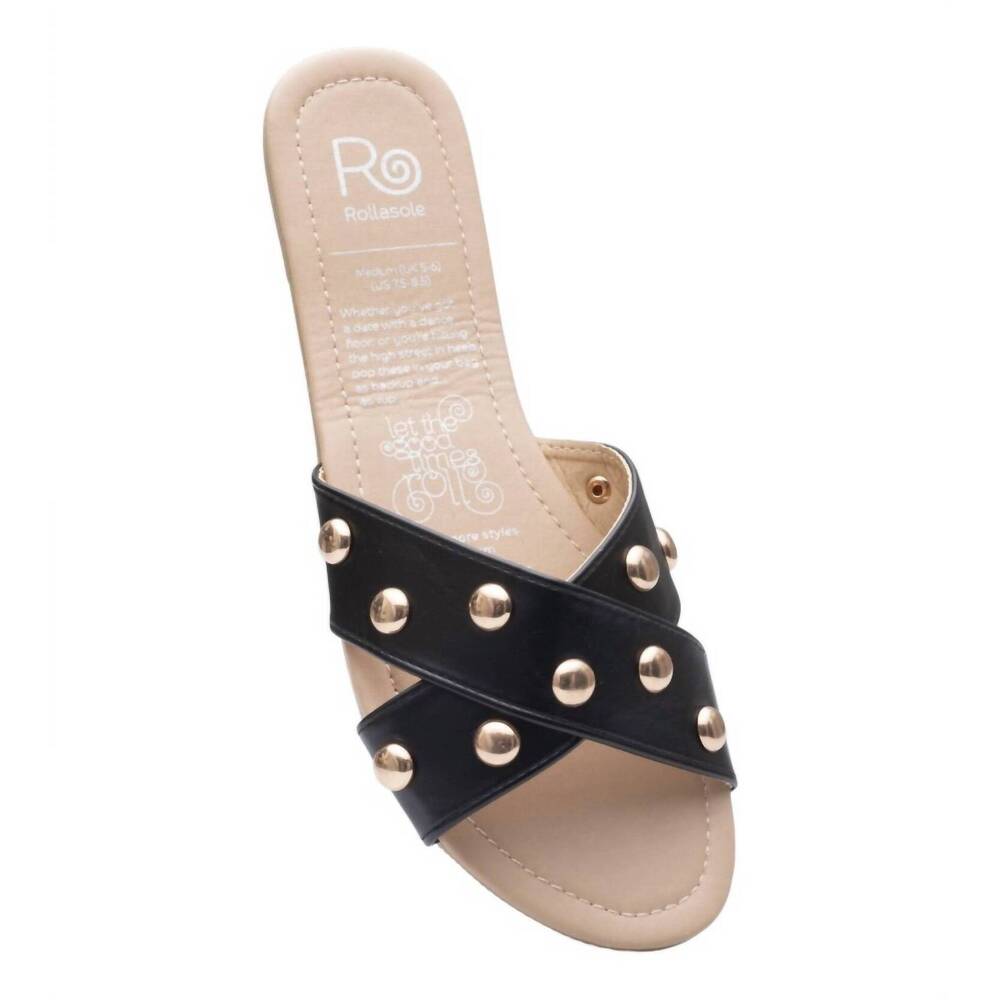 NEW ROLLASOLE women's show stopper stud criss cross sandals in gold